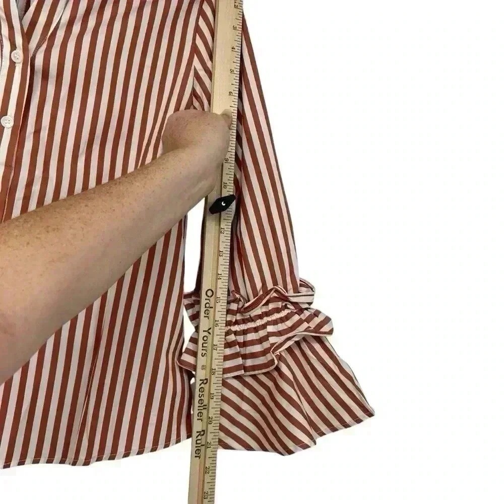 HARSHMAN SHIRT WOMEN’S XS BROWN STRIPED BUTTON DOWN FLARED SLEEVE COTTON NWT - Picture 8 of 13